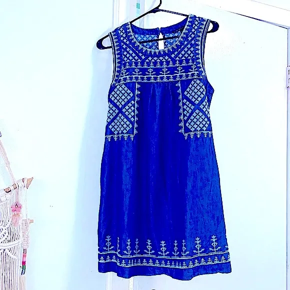 Sweet Sleeveless MIDI Dress Denim Sundress w/Lovely Embroidery Stitching Pockets
