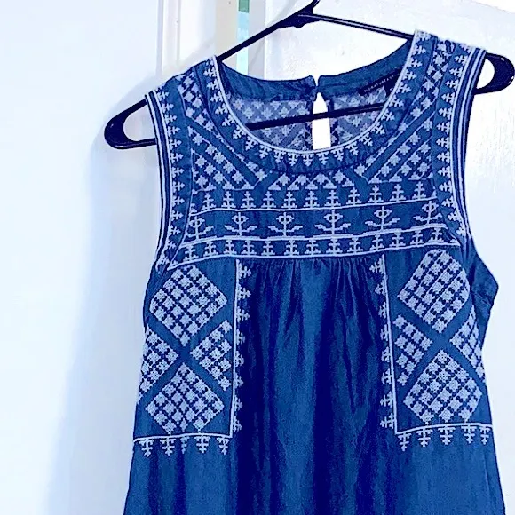 Sweet Sleeveless MIDI Dress Denim Sundress w/Lovely Embroidery Stitching Pockets