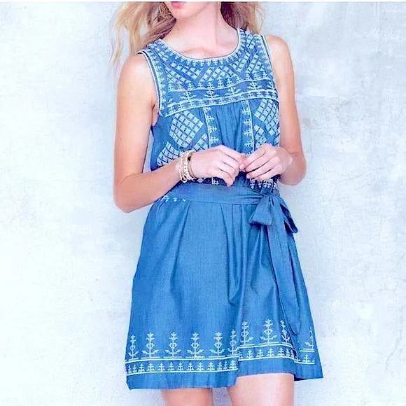 Sweet Sleeveless MIDI Dress Denim Sundress w/Lovely Embroidery Stitching Pockets