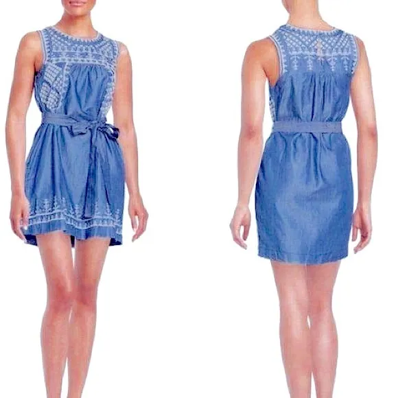 Sweet Sleeveless MIDI Dress Denim Sundress w/Lovely Embroidery Stitching Pockets
