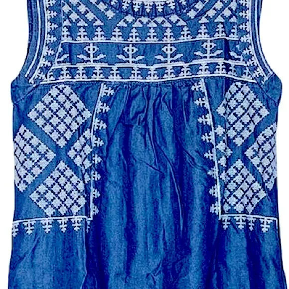 Sweet Sleeveless MIDI Dress Denim Sundress w/Lovely Embroidery Stitching Pockets