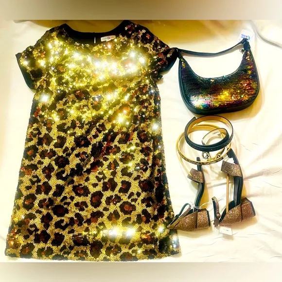 Take all Leopard Sequin Dress,Leopard Belt,Glitter Block Heel Sandals, Bag