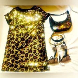 Take all Leopard Sequin Dress,Leopard Belt,Glitter Block Heel Sandals, Bag