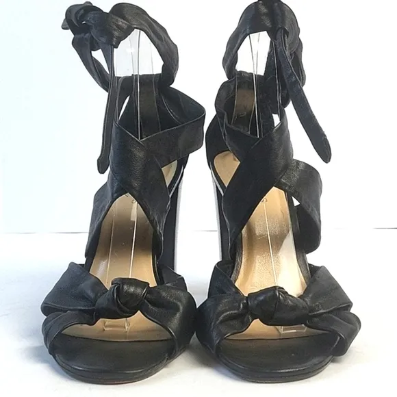 Talbots Black All Leather Strappy Open Toe Ankle Wrap Tie Block Heel San…