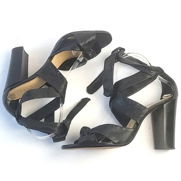 Talbots Black All Leather Strappy Open Toe Ankle Wrap Tie Block Heel San…