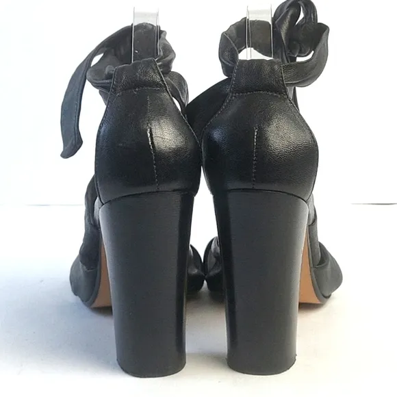 Talbots Black All Leather Strappy Open Toe Ankle Wrap Tie Block Heel San…