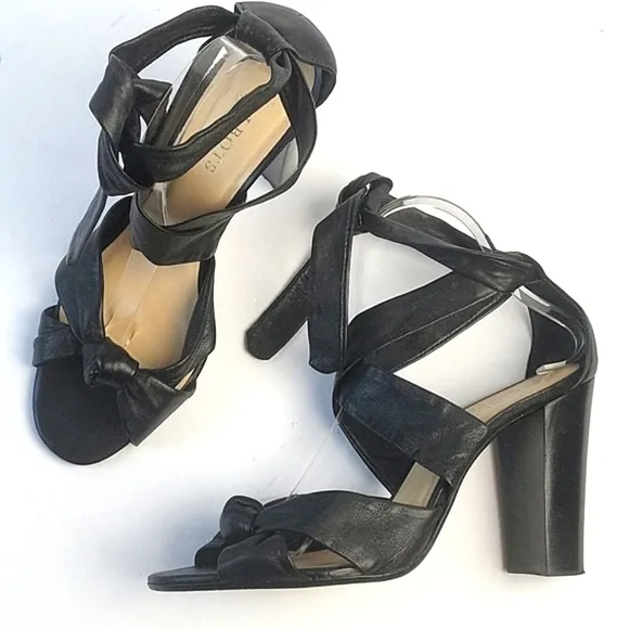 Talbots Black All Leather Strappy Open Toe Ankle Wrap Tie Block Heel San…