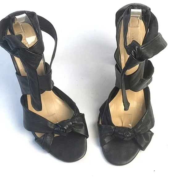 Talbots Black All Leather Strappy Open Toe Ankle Wrap Tie Block Heel San…