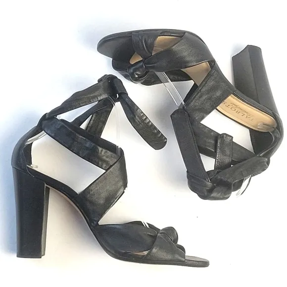 Talbots Black All Leather Strappy Open Toe Ankle Wrap Tie Block Heel San…