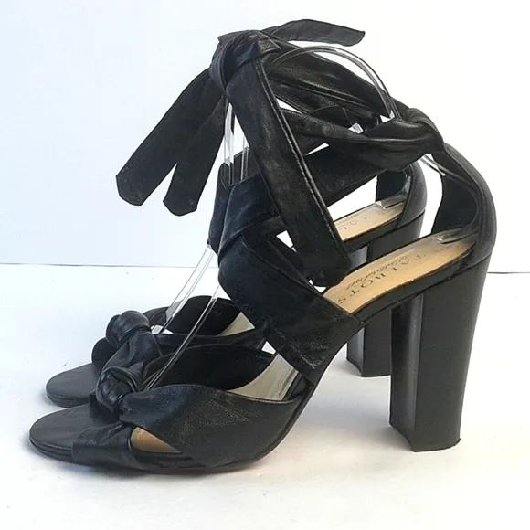 Talbots Black All Leather Strappy Open Toe Ankle Wrap Tie Block Heel San…
