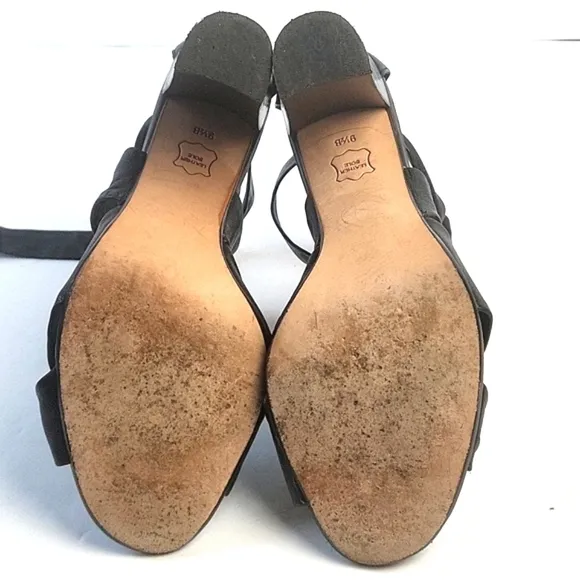 Talbots Black All Leather Strappy Open Toe Ankle Wrap Tie Block Heel San…