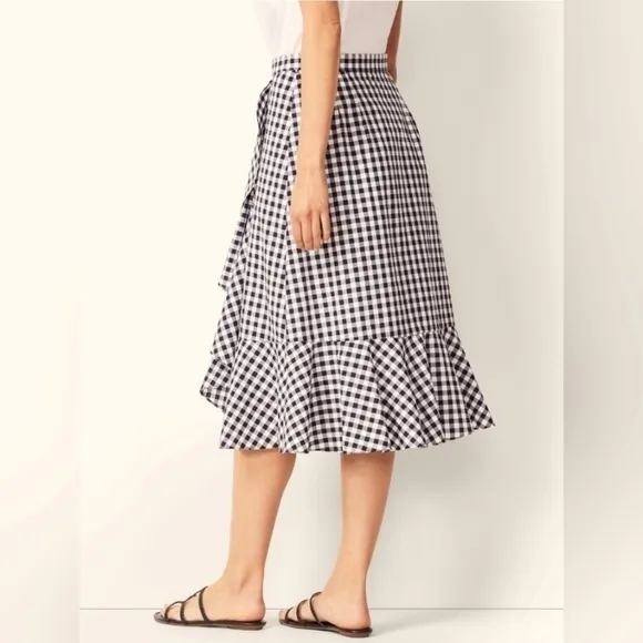 Talbots Black and White Gingham Ruffle Tie-Front Midi Skirt Woman's 4