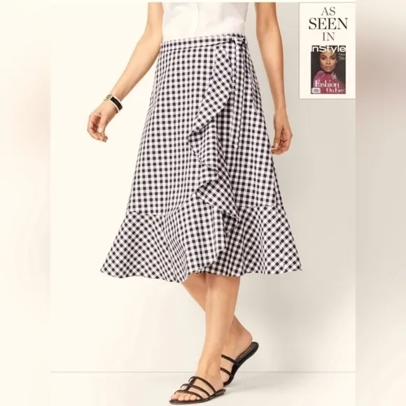 Talbots Black and White Gingham Ruffle Tie-Front Midi Skirt Woman's 4