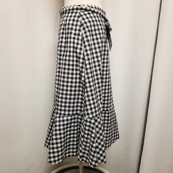 Talbots Black and White Gingham Ruffle Tie-Front Midi Skirt Woman's 4