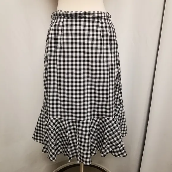 Talbots Black and White Gingham Ruffle Tie-Front Midi Skirt Woman's 4