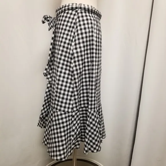Talbots Black and White Gingham Ruffle Tie-Front Midi Skirt Woman's 4