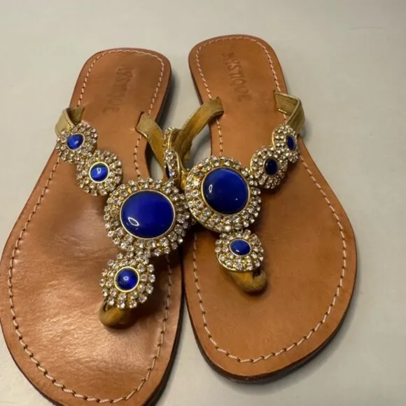 Tan Leather Sandals w/ Royal Blue and Silver Crystals - Size 6 | Chic &amp; Elegant