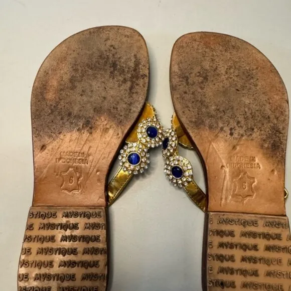 Tan Leather Sandals w/ Royal Blue and Silver Crystals - Size 6 | Chic &amp; Elegant