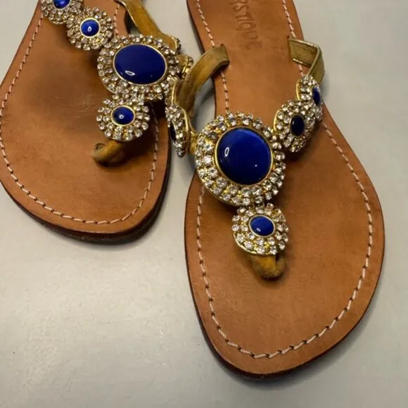 Tan Leather Sandals w/ Royal Blue and Silver Crystals - Size 6 | Chic &amp; Elegant