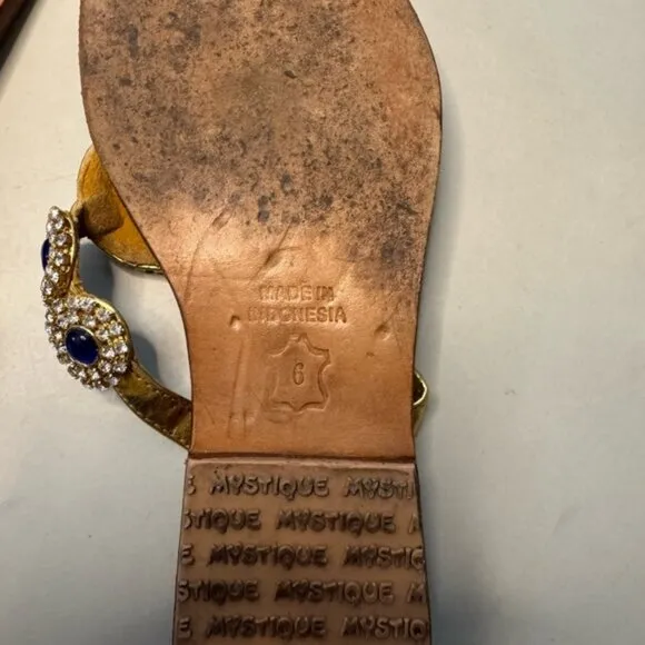 Tan Leather Sandals w/ Royal Blue and Silver Crystals - Size 6 | Chic &amp; Elegant