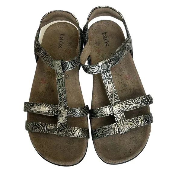 Taos Trophy Leather Sandals Floral in Pewter Casual Outdoors Dressy Beauty 6