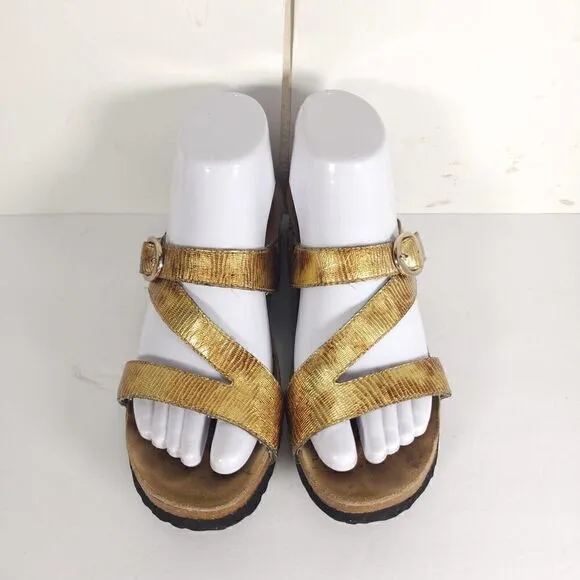 Taos Women’s Zephyr US7 Gold Metallic Leather Slip On Law Wedge Strappy Sandals