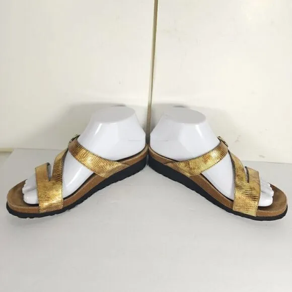 Taos Women’s Zephyr US7 Gold Metallic Leather Slip On Law Wedge Strappy Sandals