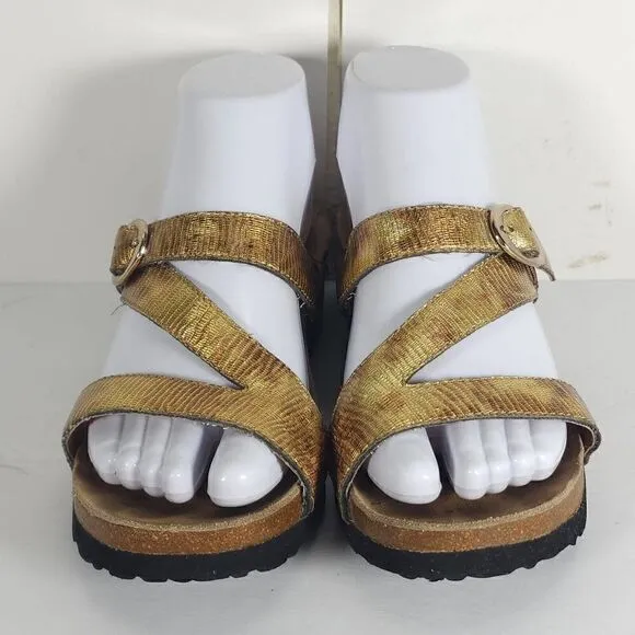 Taos Women’s Zephyr US7 Gold Metallic Leather Slip On Law Wedge Strappy Sandals