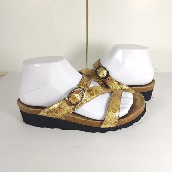 Taos Women’s Zephyr US7 Gold Metallic Leather Slip On Law Wedge Strappy Sandals