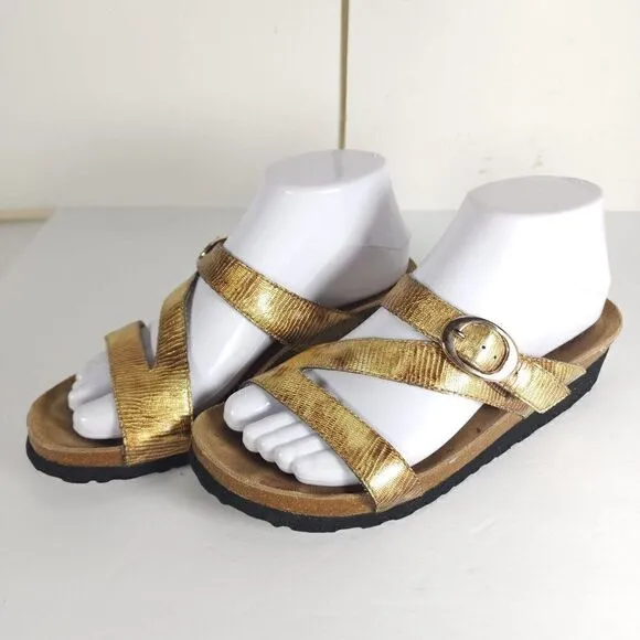 Taos Women’s Zephyr US7 Gold Metallic Leather Slip On Law Wedge Strappy Sandals