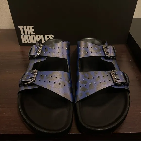 The Kooples Men’s Blue Leopard Print Double Strap Leather Sandals 44 US 10.5 NEW