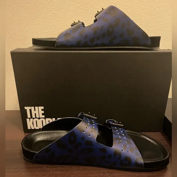 The Kooples Men’s Blue Leopard Print Double Strap Leather Sandals 44 US 10.5 NEW