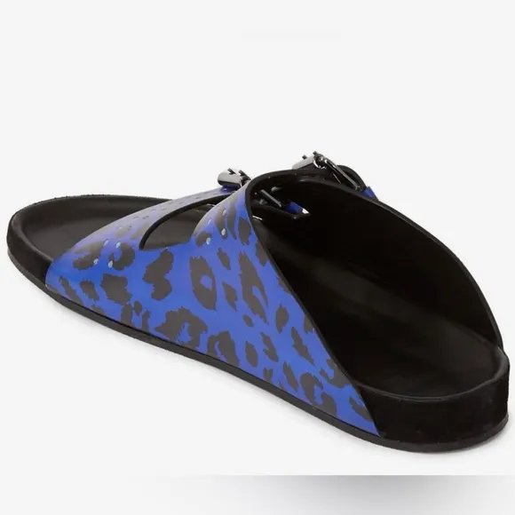 The Kooples Men’s Blue Leopard Print Double Strap Leather Sandals FR 41 US 8 NEW