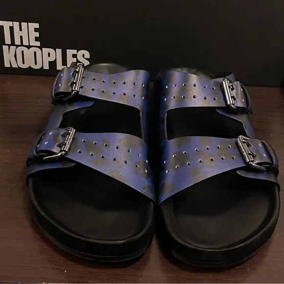 The Kooples Men’s Blue Leopard Print Double Strap Leather Sandals FR 41 US 8 NEW