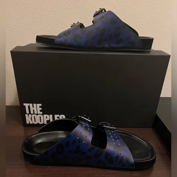 The Kooples Men’s Blue Leopard Print Double Strap Leather Sandals FR 41 US 8 NEW