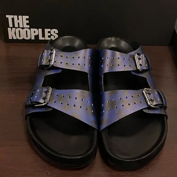 The Kooples Men’s Blue Leopard Print Double Strap Leather Sandals FR 41 US 8 NEW