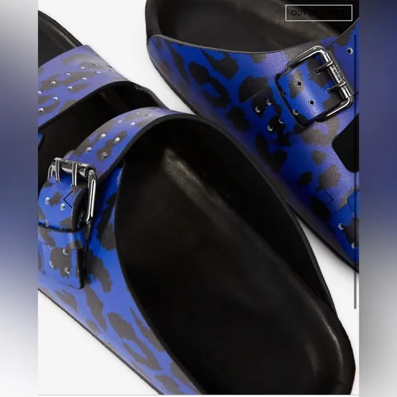The Kooples Men’s Blue Leopard Print Double Strap Leather Sandals FR 41 US 8 NEW