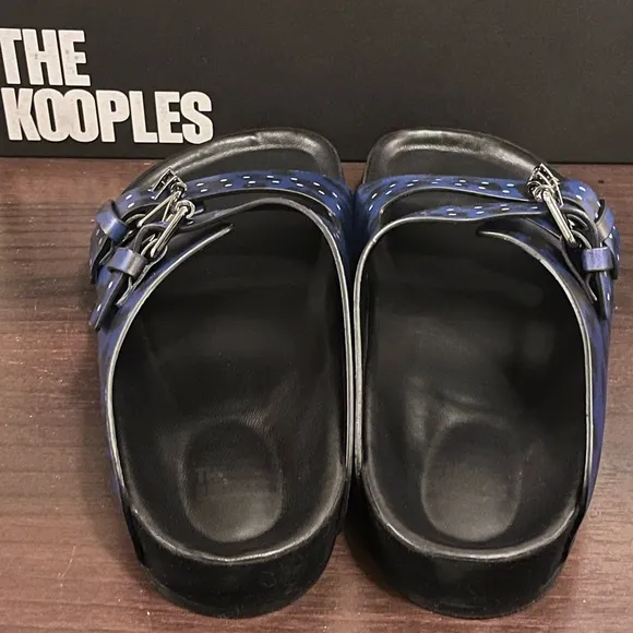 The Kooples Men’s Blue Leopard Print Double Strap Leather Sandals FR 41 US 8 NEW