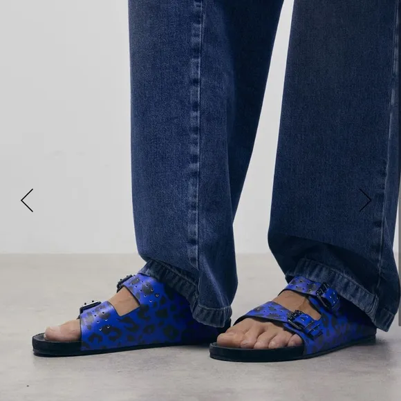 The Kooples Men’s Blue Leopard Print Double Strap Leather Sandals FR 41 US 8 NEW