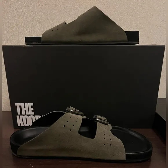 The Kooples Men’s Khaki Olive Suede Double Strap Leather Sandals FR 40 US 7 NEW!