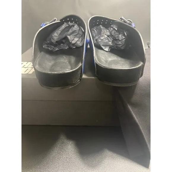 The Kooples NEW Leopard Print Slides Sandals Buckle Accents Blue Black FR 45/U11