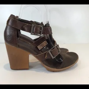 TIMBERLAND EARTHKEEPERS STAFFORD SUEDE LEATHER WOODEN HEEL SANDALS SZ 7.5