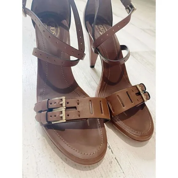 Tod's Leather Sandals Brown Crossover Straps Heel Size 8 - 38 1/2