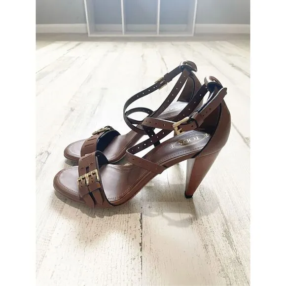Tod's Leather Sandals Brown Crossover Straps Heel Size 8 - 38 1/2