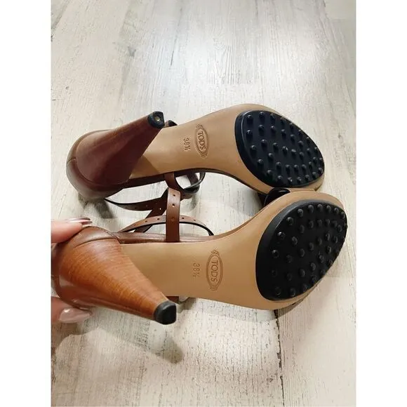Tod's Leather Sandals Brown Crossover Straps Heel Size 8 - 38 1/2