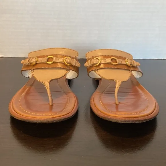 Tods Lux Classic Buckle Thong Camel Leather Sandals Size 5 1/2
