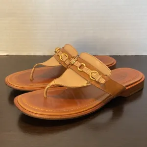 Tods Lux Classic Buckle Thong Camel Leather Sandals Size 5 1/2