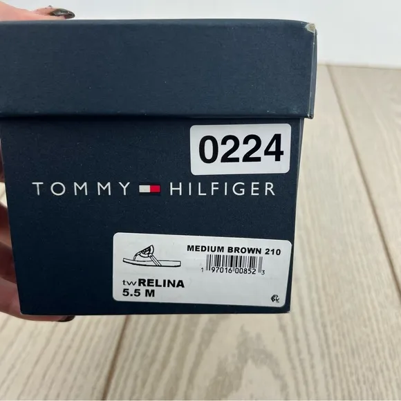 Tommy Hilfiger Women's Large TH Logo Relina Footbed Sandals 5.5M Med Brown $69