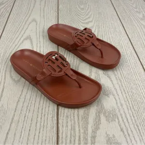 Tommy Hilfiger Women's Large TH Logo Relina Footbed Sandals 5.5M Med Brown $69
