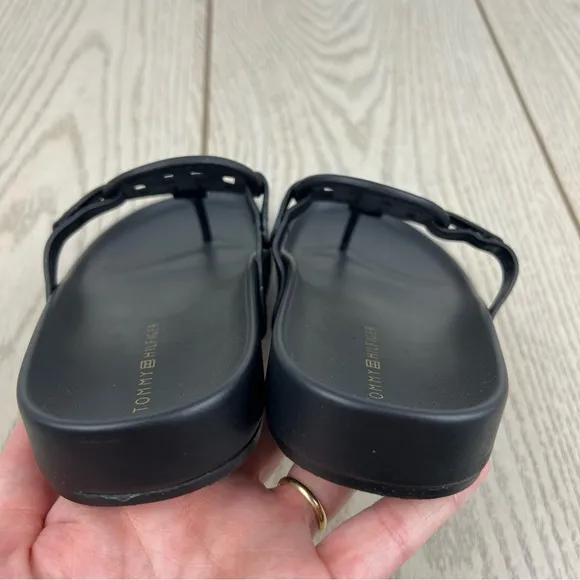 Tommy Hilfiger Women's Large TH Logo Relina Footbed Sandals 5M Black $69